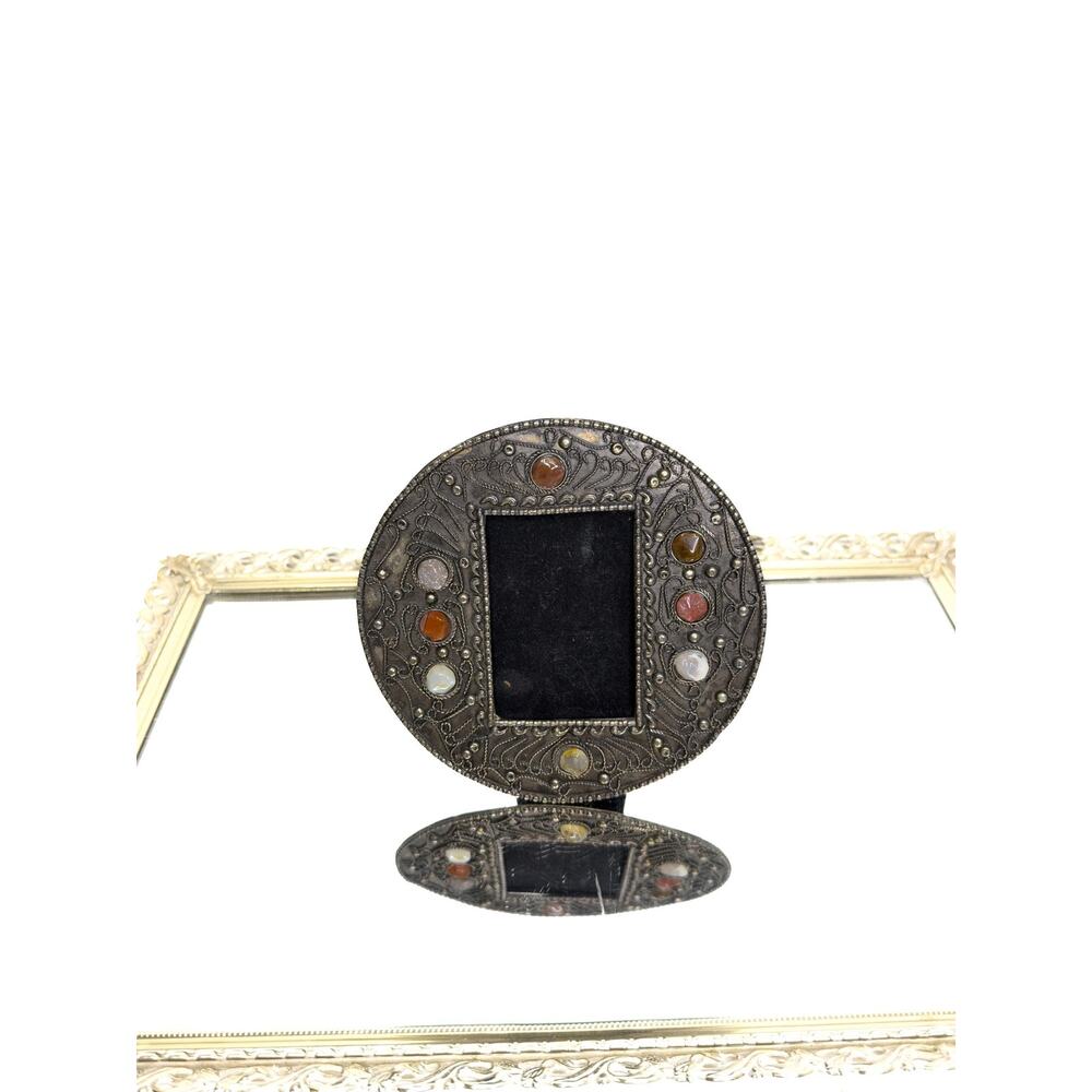 rare Vintage Asian silvered metal and agate stones set photograph frame